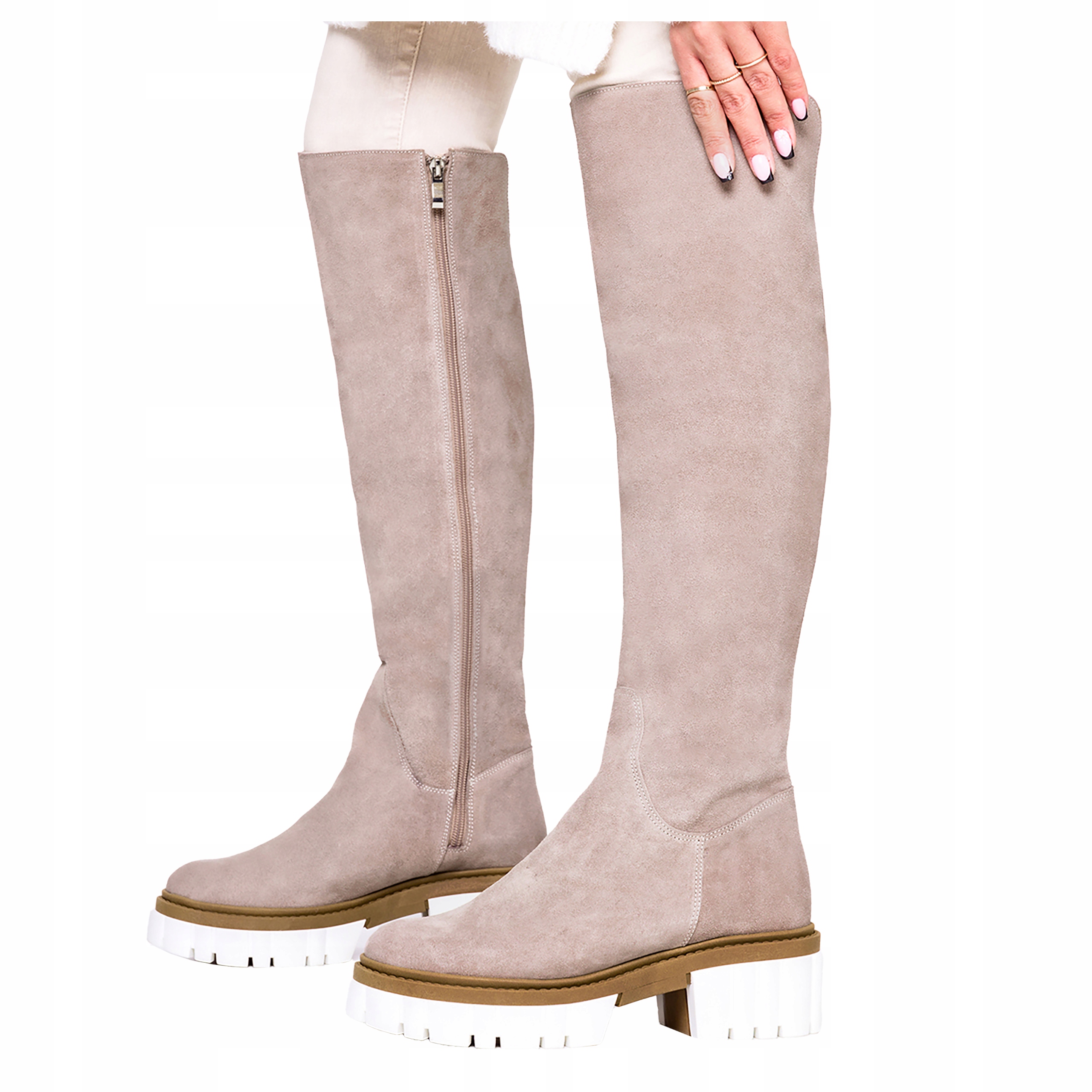 Kozačky Kožené Béžové Boty Za Koleno Na Platformě Polský Výrobek vel. 38