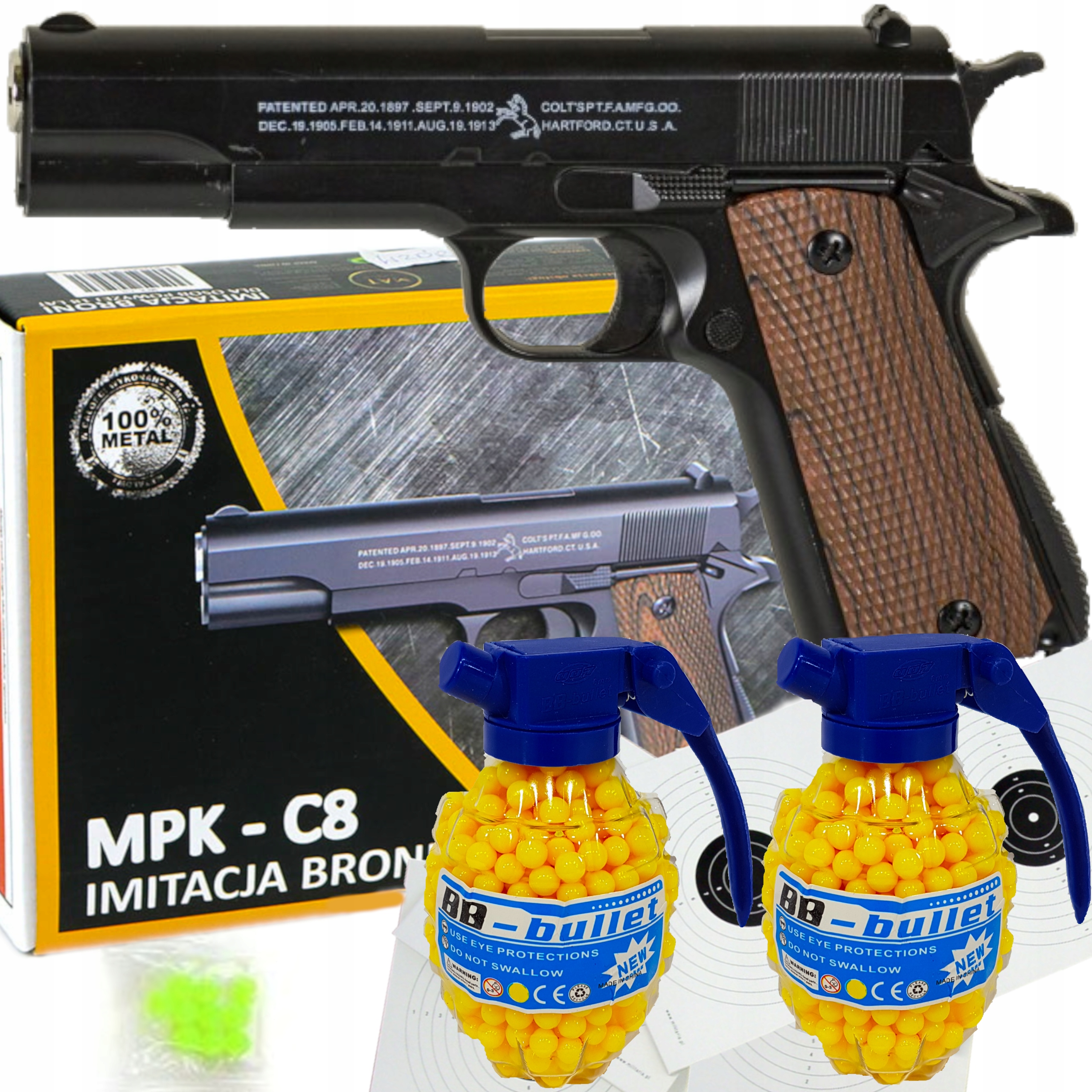 

Colt M1911 Pistolet Metalowy Na Kulki 2x Granaty