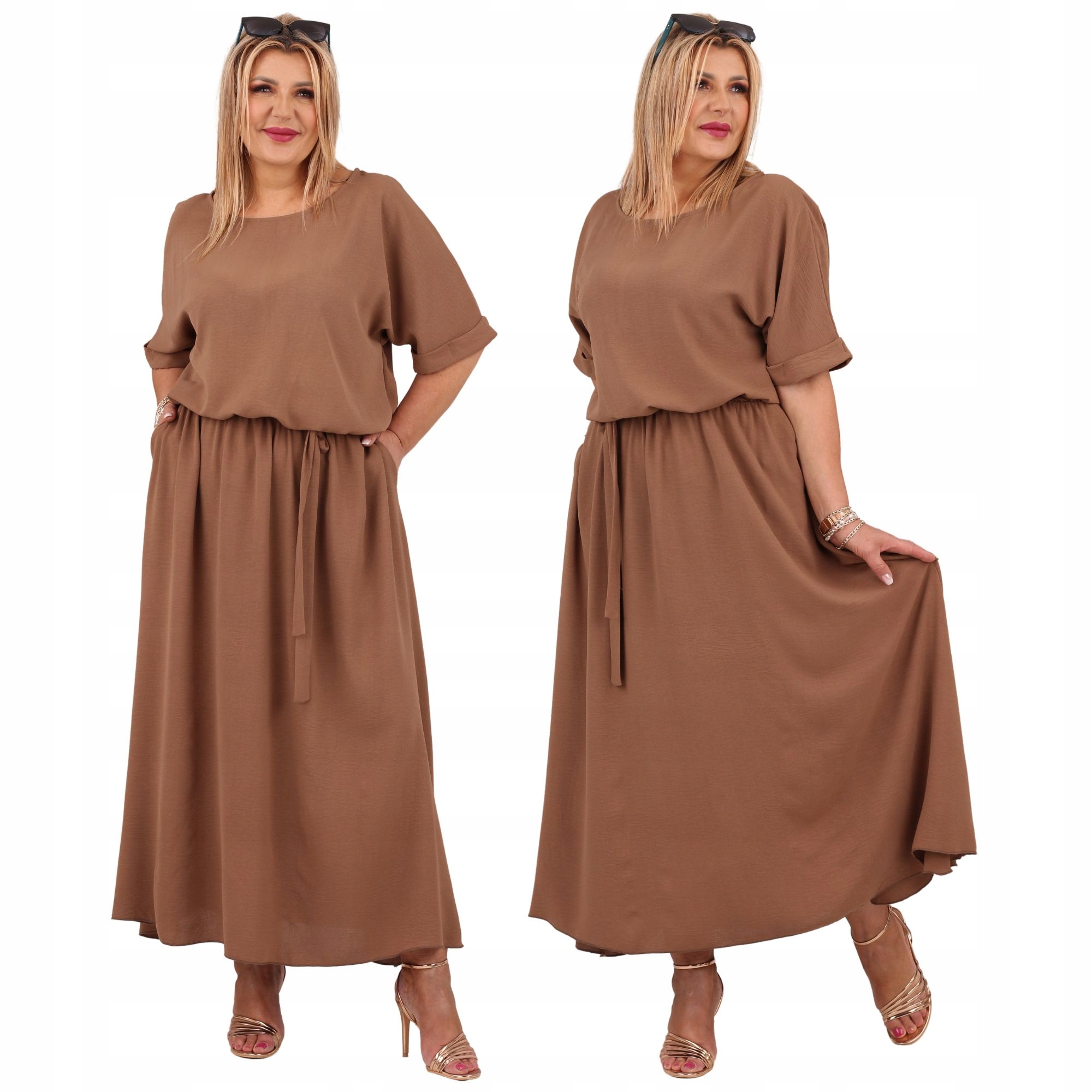 Długa Sukienka Maxi Z Kieszeniami Z Paskiem Wiązana Letnia Wizytowa Zwiewna