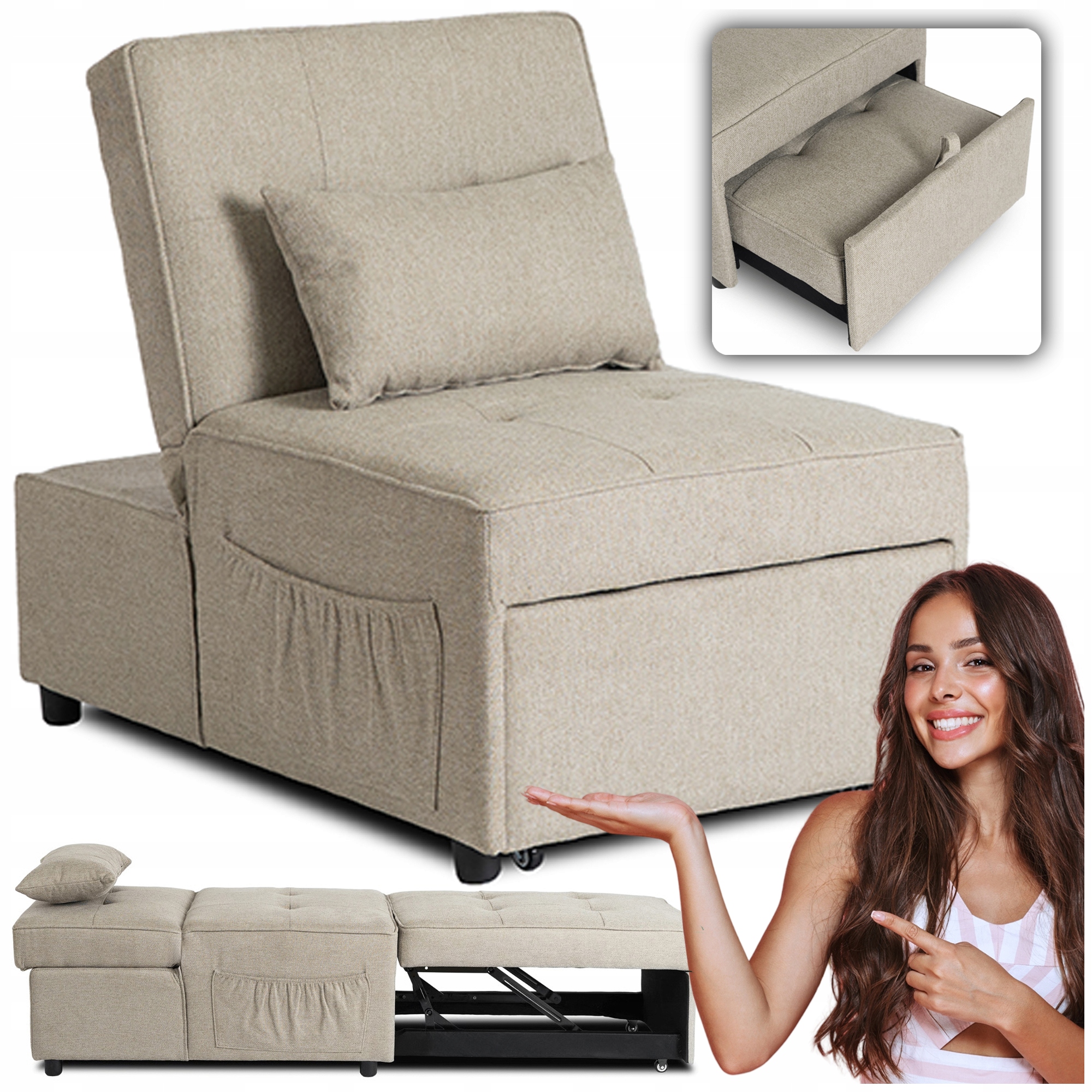 Fotel Do Salonu Amerykanka Rozkładany Sofa Wypoczynkowy Beżowy Iberis 67 cm