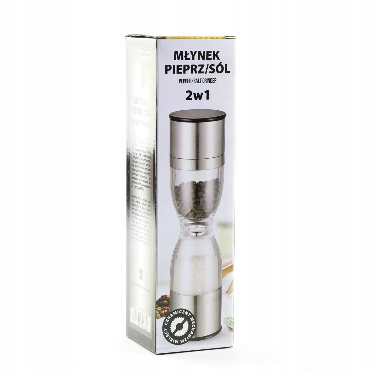 MŁYNEK RĘCZNYDO MIELENIA PRZYPRAW SOLI PIEPRZU DWUSTRONNY KLEPSYDRA 2W1