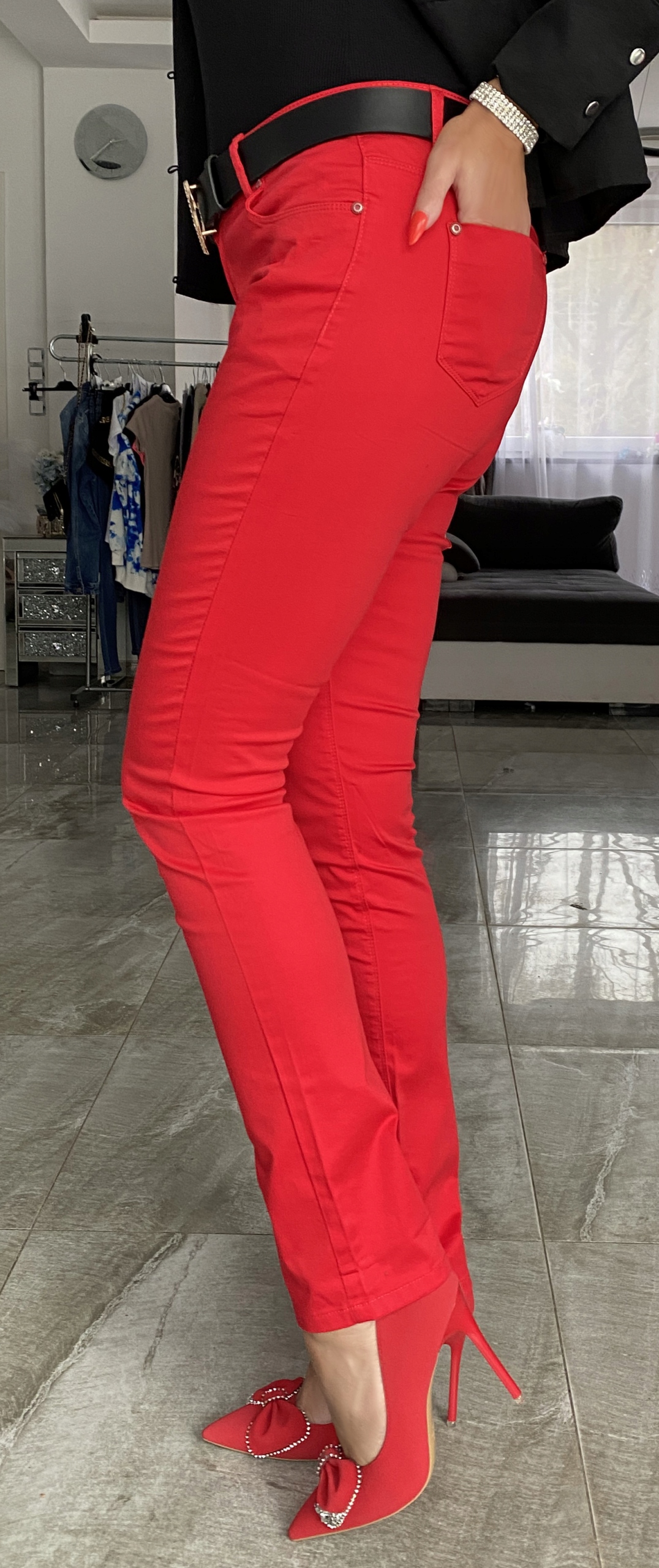 DŁUGIE SPODNIE CZERWONE RURKI MODNE + PASEK WYSOKI STAN DO BIURA FB222 Rozmiar L
