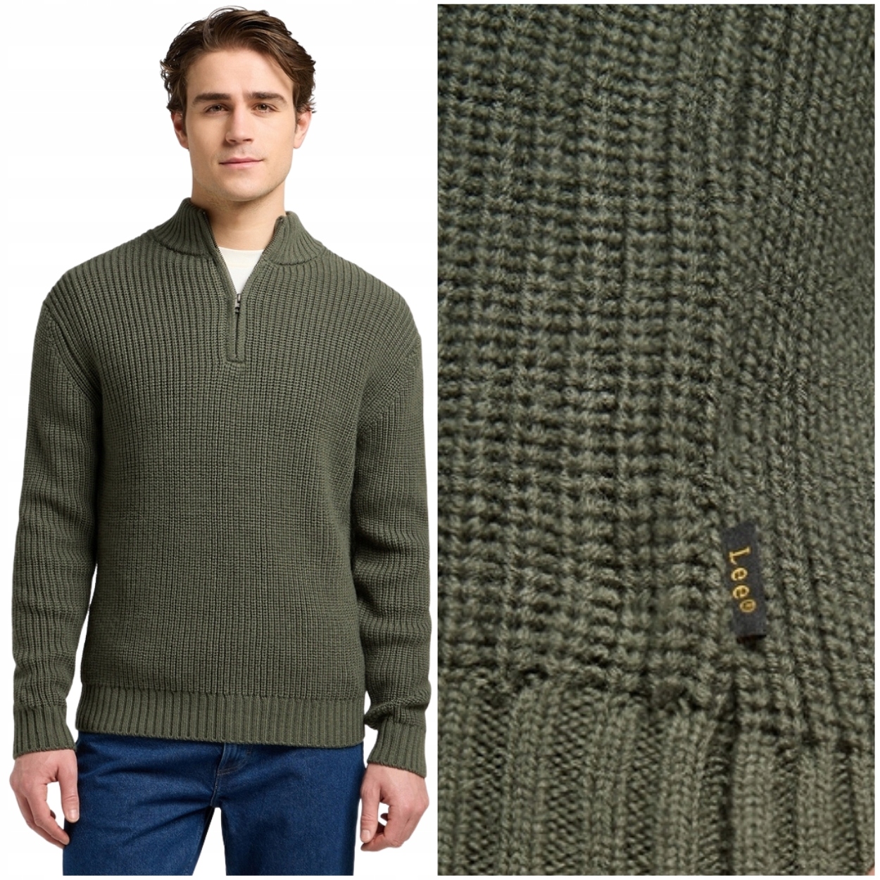 Lee Clean Half Zip Knit Olive rozepínací pánský svetr na stojáčku z 50% vlny M