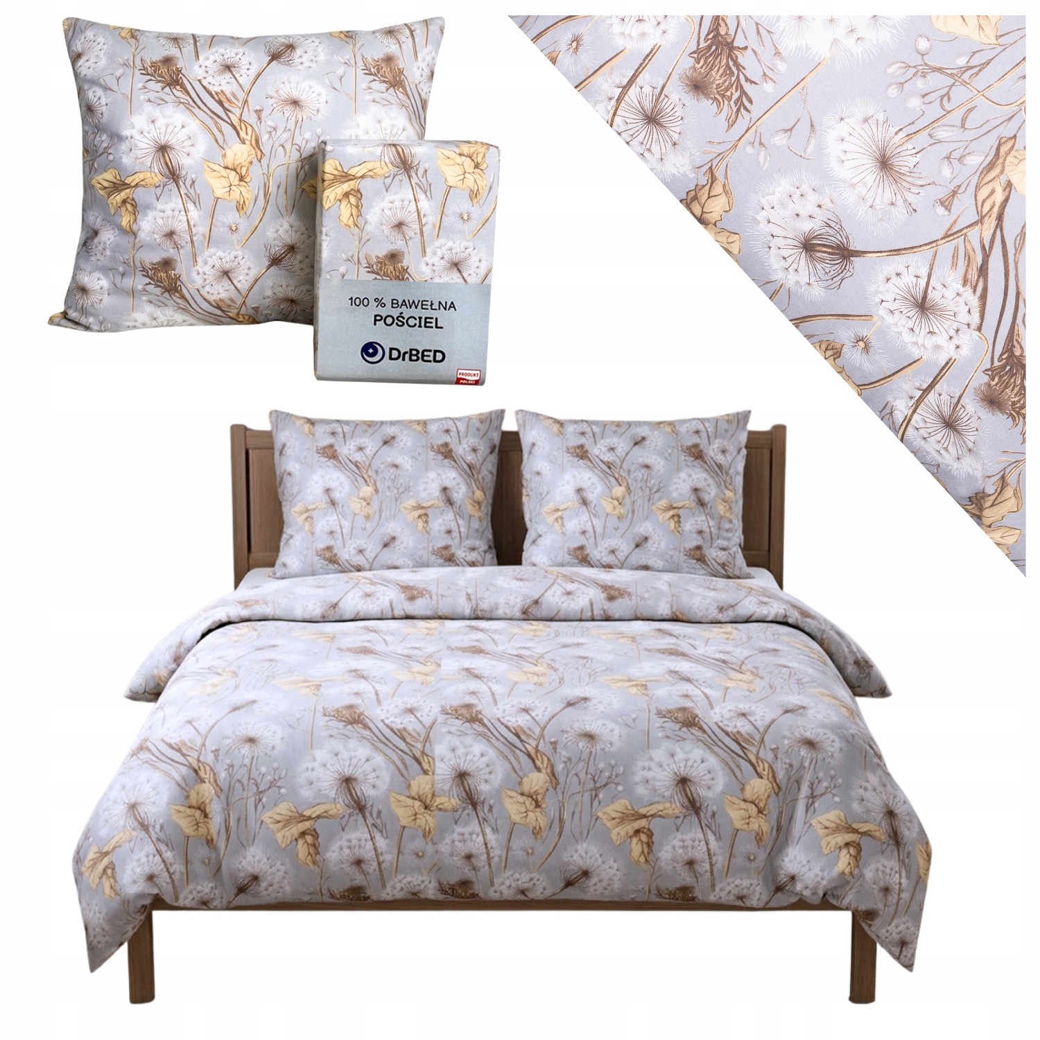 Pościel 220x200 Bawełna Komplet Pościeli Na Zamek Dmuchawce Szara Polska