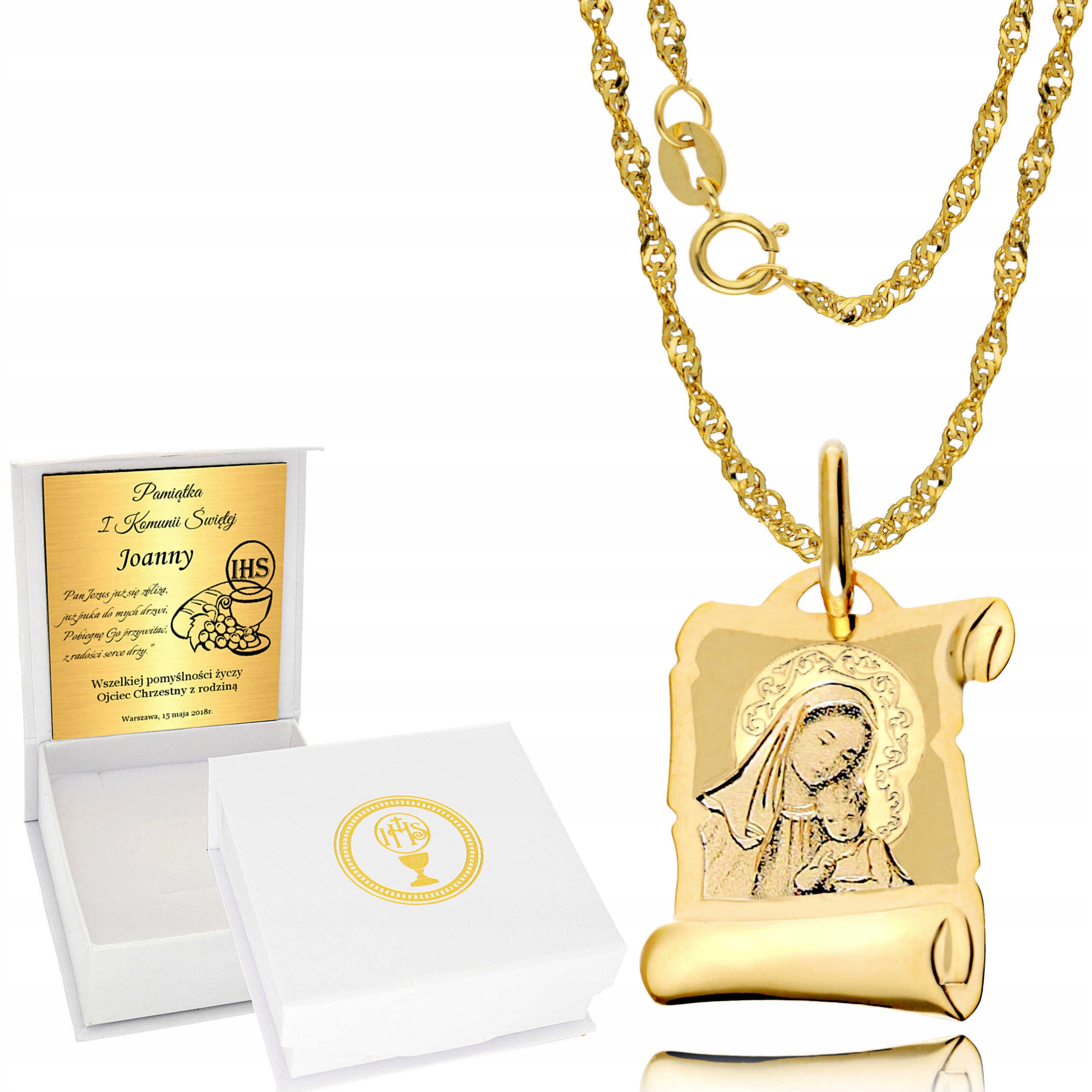 

Złoty Łańcuszek z Medalikiem 585 Komunia Grawer