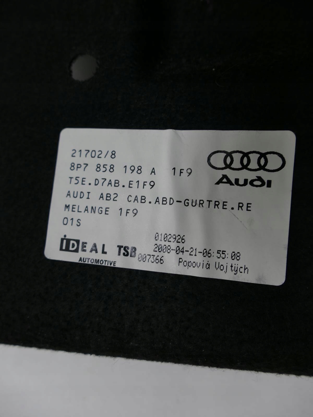 AUDI A3 8P CABRIO upholstery supports right rear part
