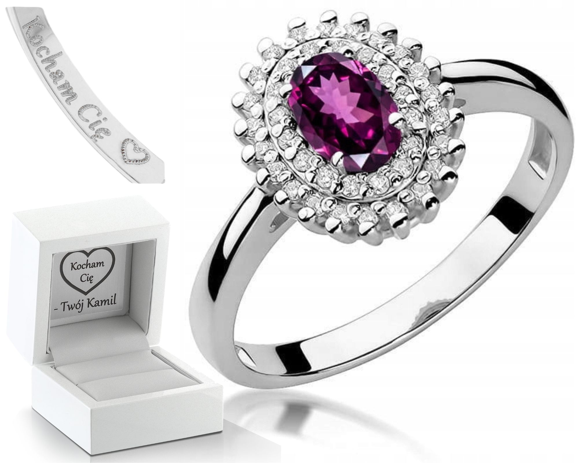 Zlatý Prstýnek Pro Zásnuby S Rodolitem A Brilianty, Bílé Zlato Gravírování