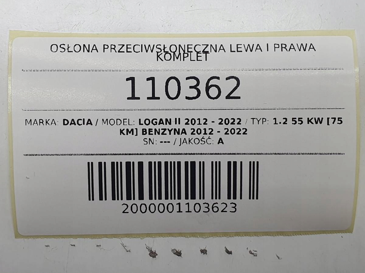 OSŁONA PRZECIWSŁONECZNA DASZEK LEWA I PRAWA KOMPLET SANDERO LOGAN II Producent części Dacia