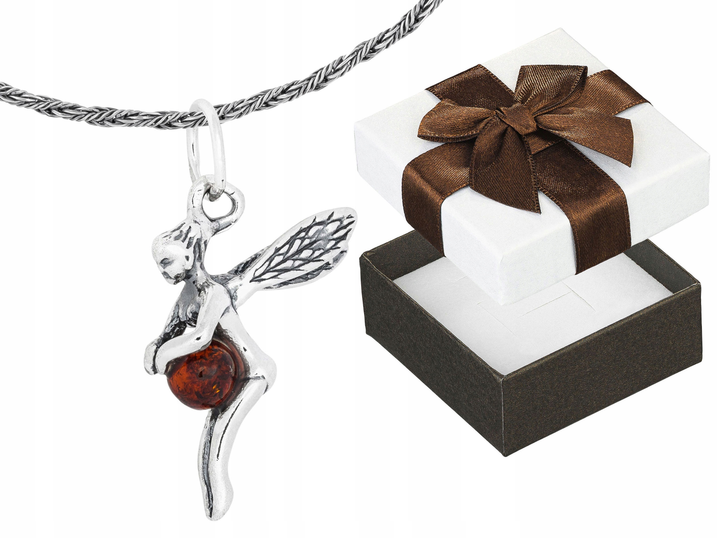 Malý Stříbrný Náhrdelník Elf s Jantarem Víla Jantar Stříbro Délka 55 cm