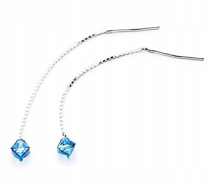 

Srebrne długie Kolczyki z kr. Swarovski Cube 4 Aqu
