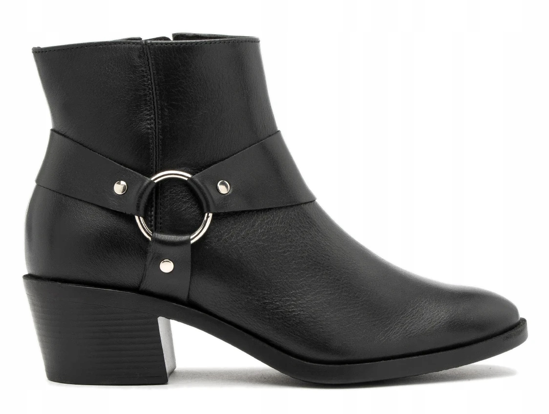 Biker Boots Černé Dámské Kotníkové Boty Z Kůže Na Podpatku Zateplené Ryłko 35