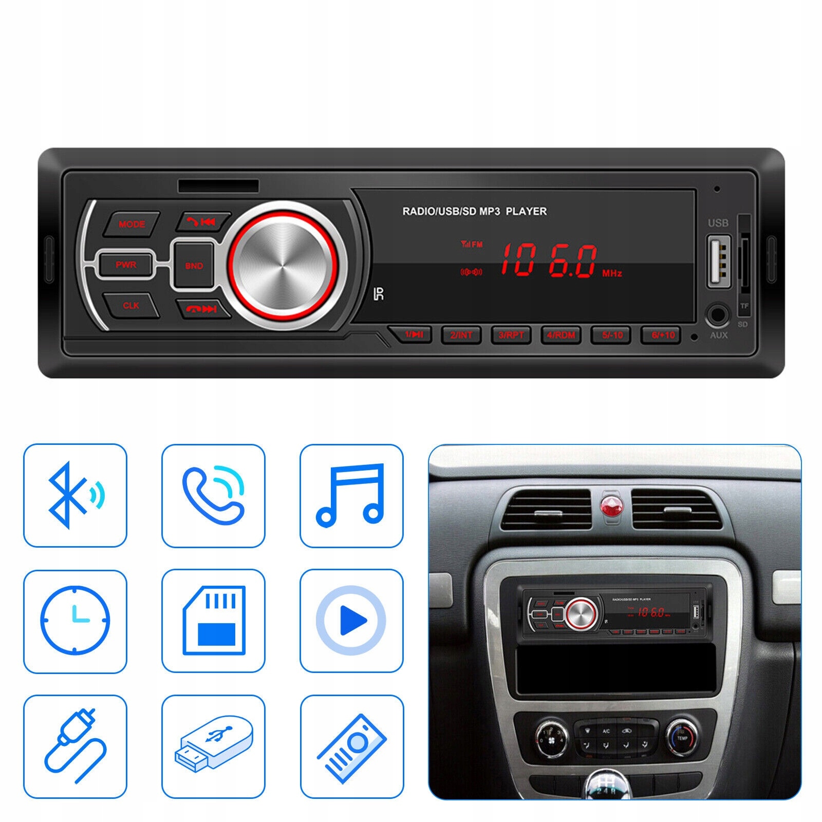 RADIO SAMOCHODOWE BLUETOOTH 1 DIN MP3 USB SD MIROFON AUX PILOT 4x25W Radio pasmo AM pasmo FM