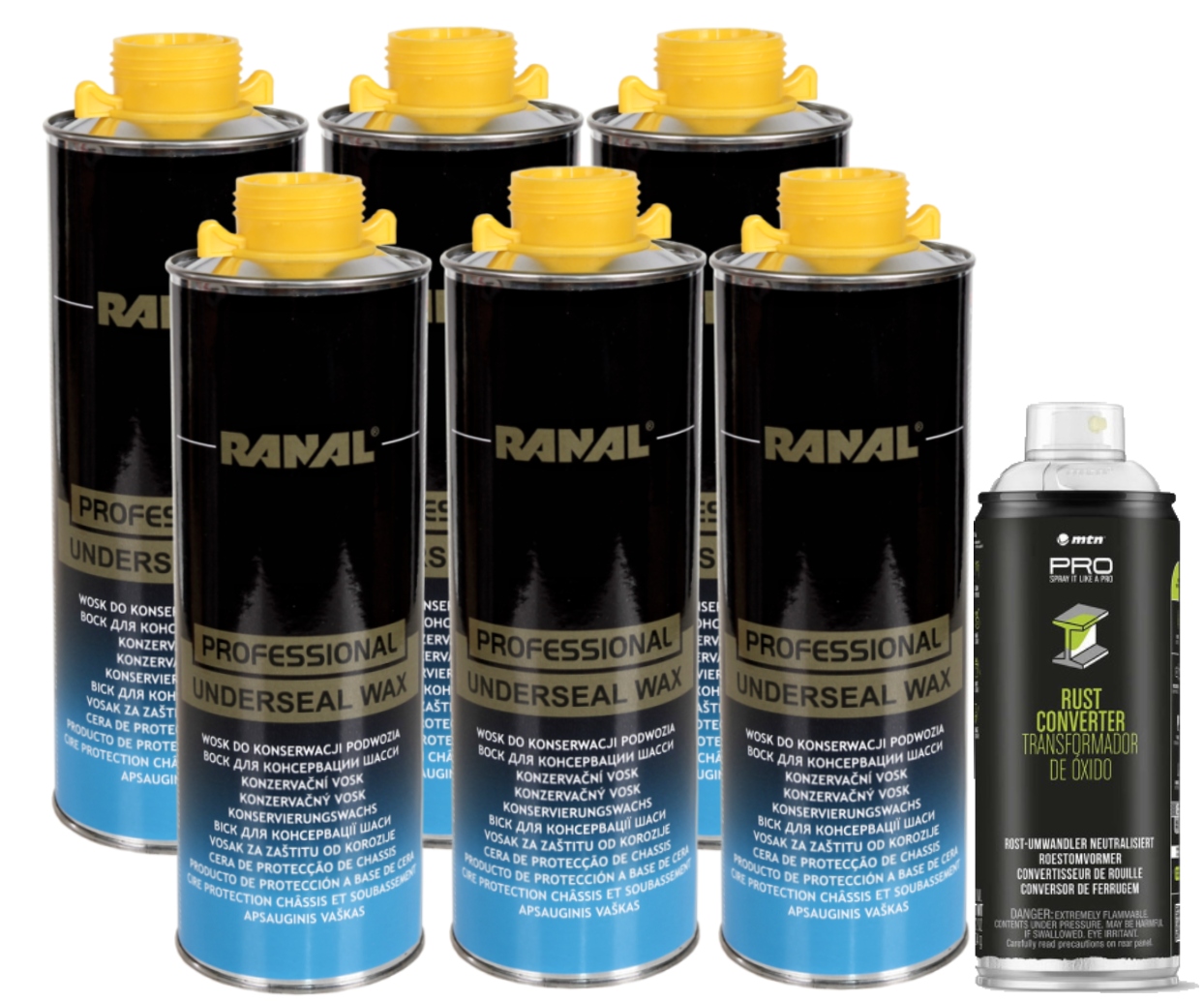 6x Antikorózny Vosk Na Údržbu Podvozku 1L 1x Prostriedok na hrdzu 400 ml