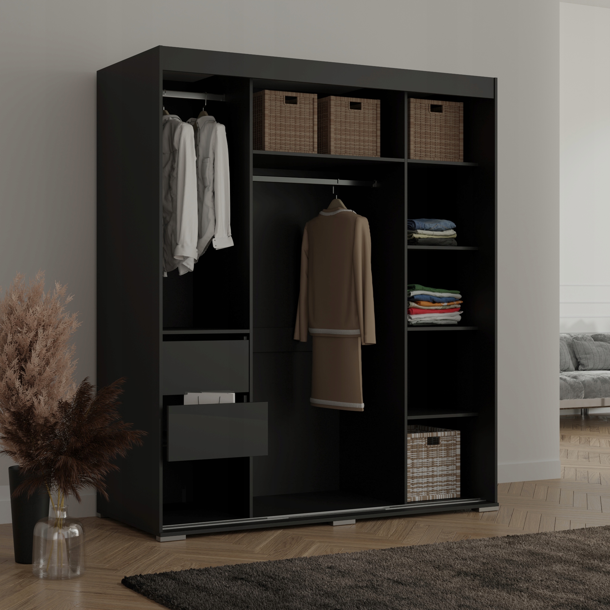 Szafa przesuwna z lustrem Como 3D3L 180 Czarna