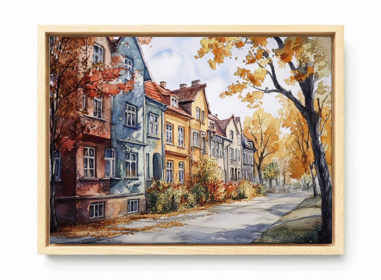 Obraz Rám Americký Box Město Ulice Domy Kamení Podzim Pohled 120x80