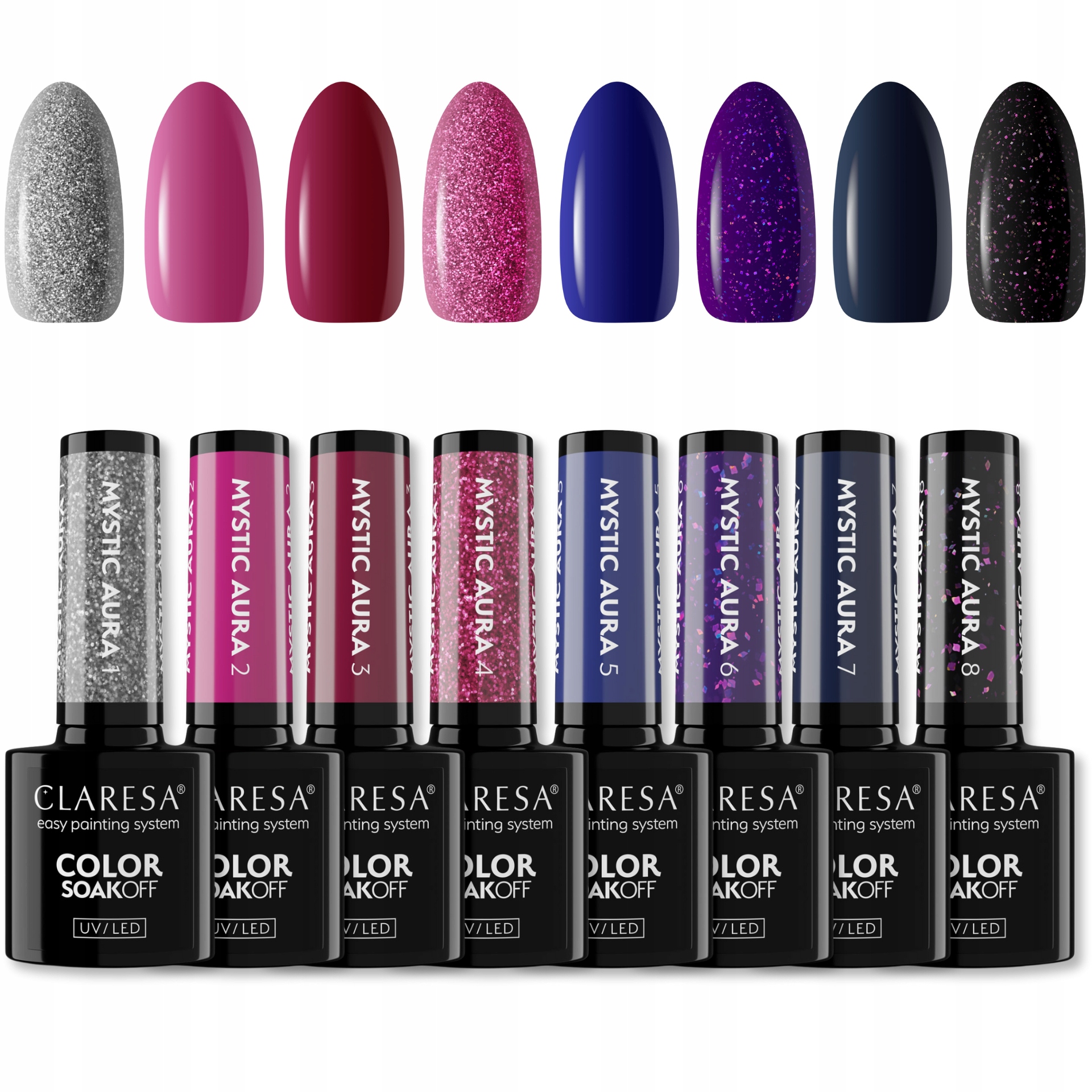 Claresa 8x Lakier Hybrydowy Mystic Aura Do Paznokci Klasyczne I Brokatowe