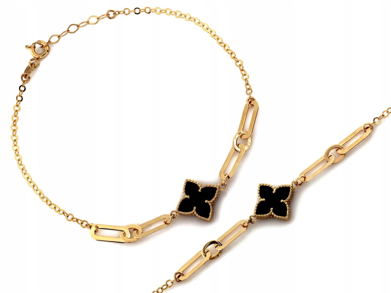 Zlatý náramek 585 s květinkami a černým kamenem, velké články jako dárek