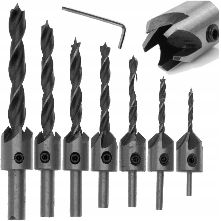 WIERTŁA DO DREWNA Z POGŁĘBIACZEM ZESTAW WIERTŁO + POGŁĘBIACZ 7 KOMPLETÓW