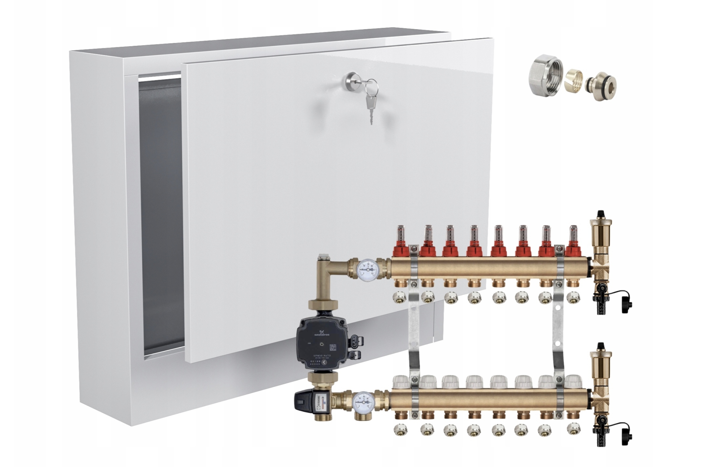 Rozdělovač pro podlahu 8 s Grundfos Group Pex Nástěnná Skříňka