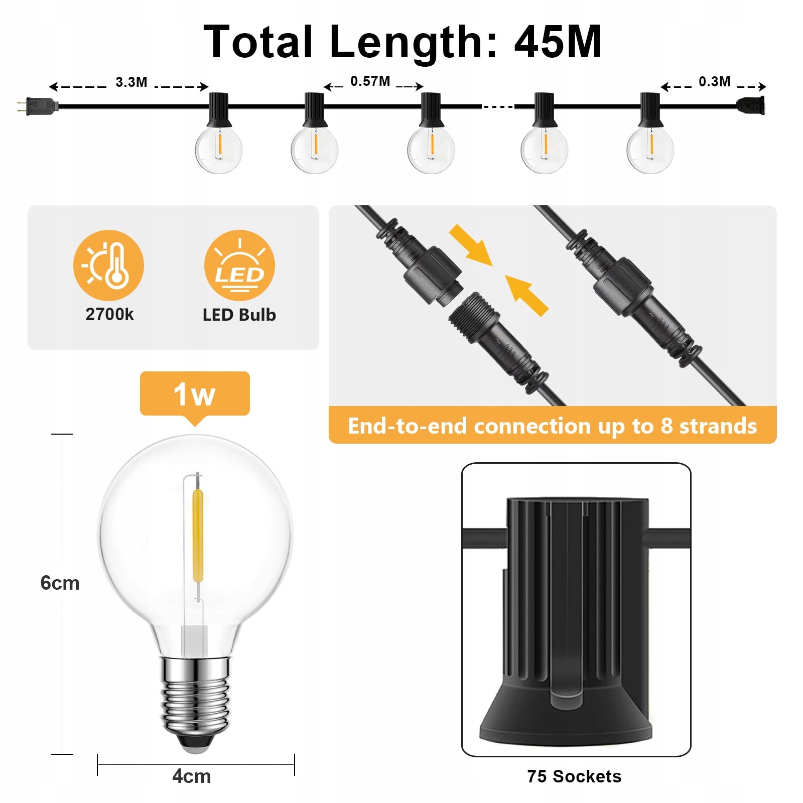 LED LAMPKI OGRODOWE 45M IP45 WODOODPORNE 75 G40 ŻARÓWEK CIEPŁY BIAŁY — miniatura 3