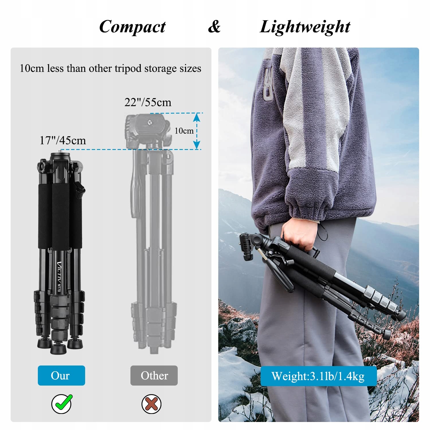 VICTIV Lekki Statyw Aluminiowy 52-185cm Do Aparatów DSLR i Smartfonów — miniatura 3