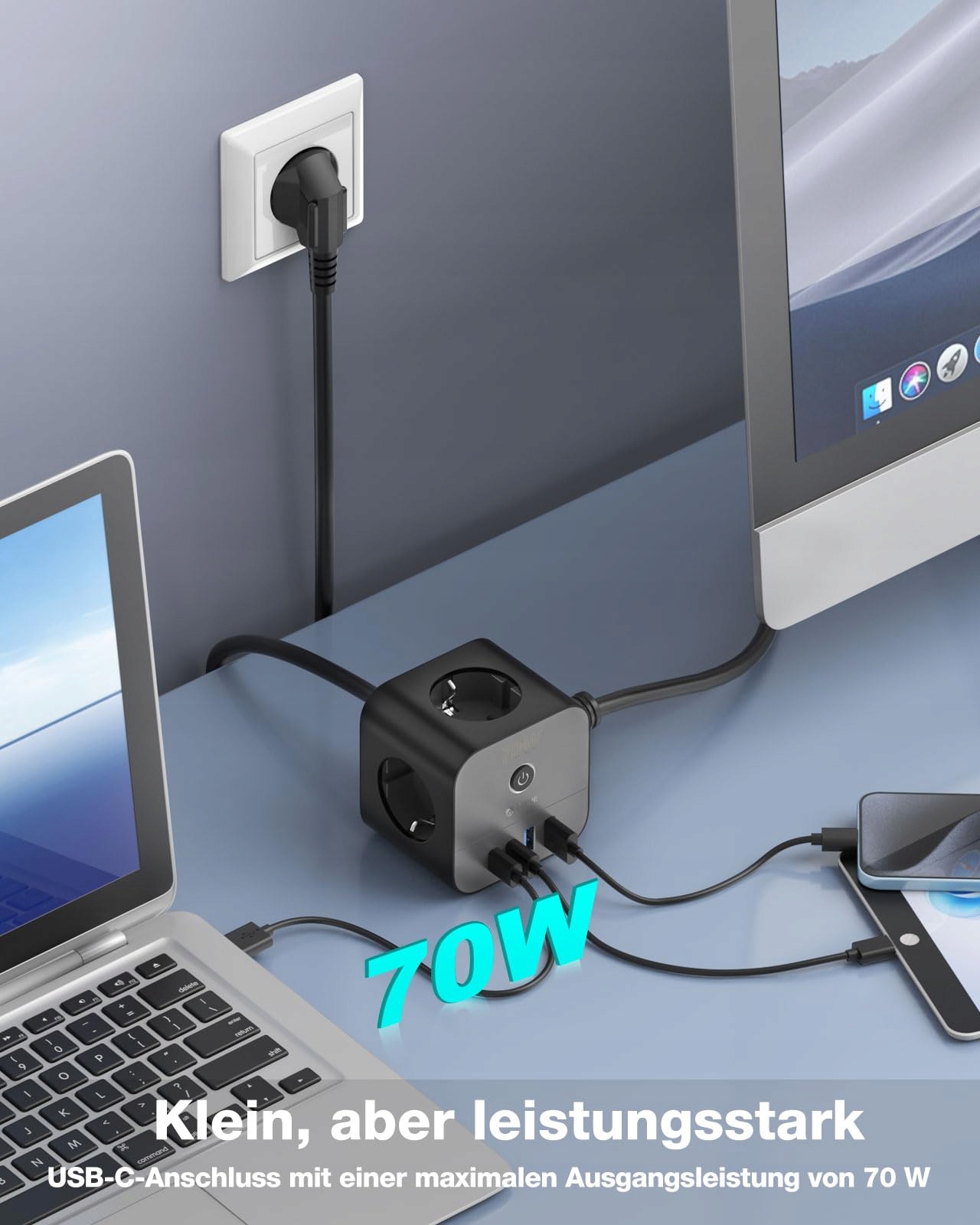 VEFVE Ładowarka USB-C 70W Listwa Zasilająca 7w1 3m Szybkie Ładowanie — miniatura 2