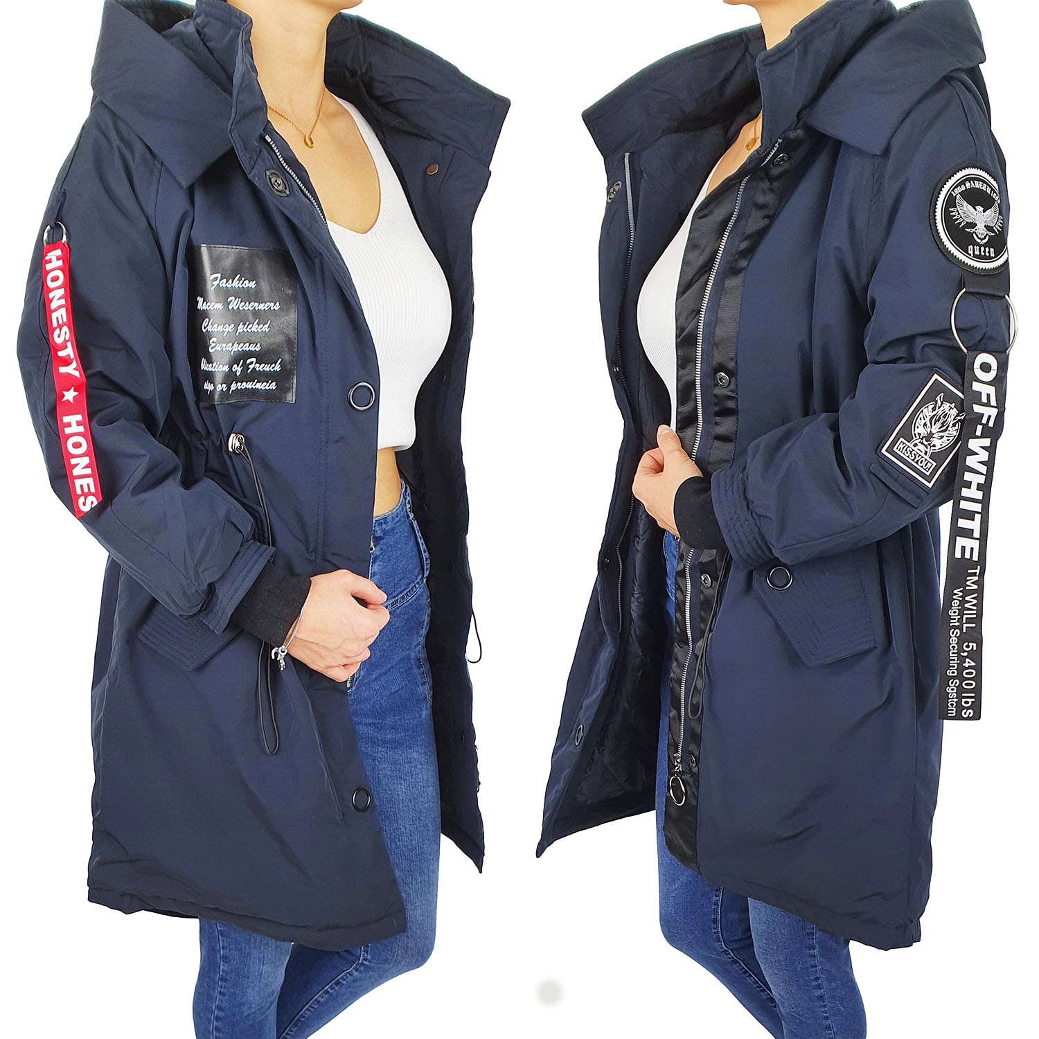 #vynikající Dámská Dlouhá Bunda Parka Kapuce Modrá