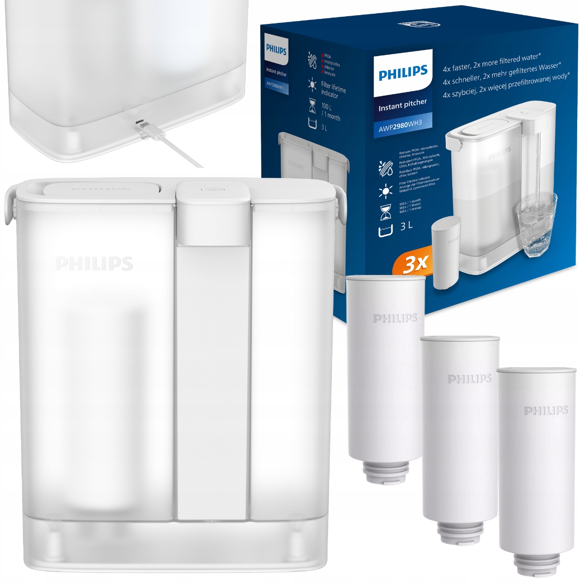 Automatyczny filtr wody, dyspenser Philips AWP2980WH3 3 wkłady filtrujące