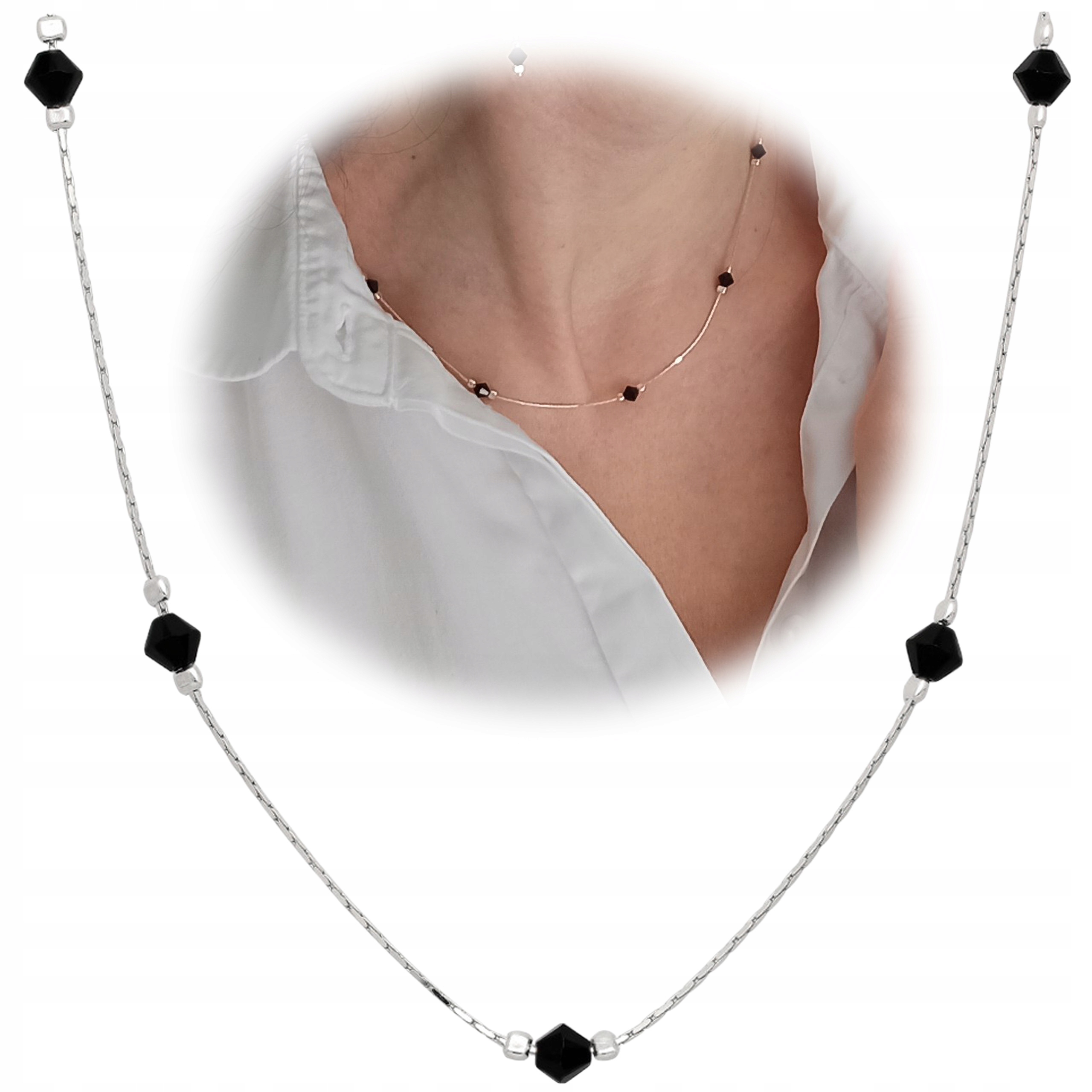 Naszyjnik srebrny kardano z cyrkoniami czarne koraliki 925