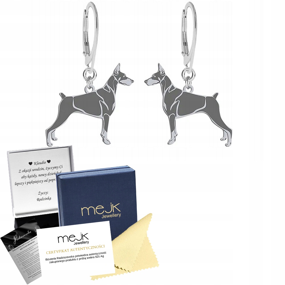 Stříbrné Náušnice se psem Dobermanem 925 Dárek Dedikace Gravírování Bonus