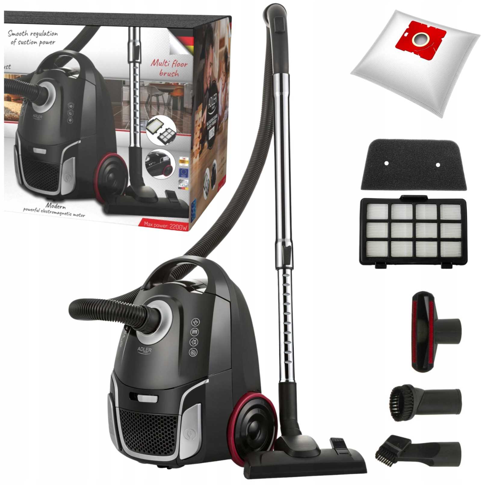 Odkurzacz Workowy Mocny Tradycyjny 2200W 17 kPa Hepa Lekki i Cichy 65dB