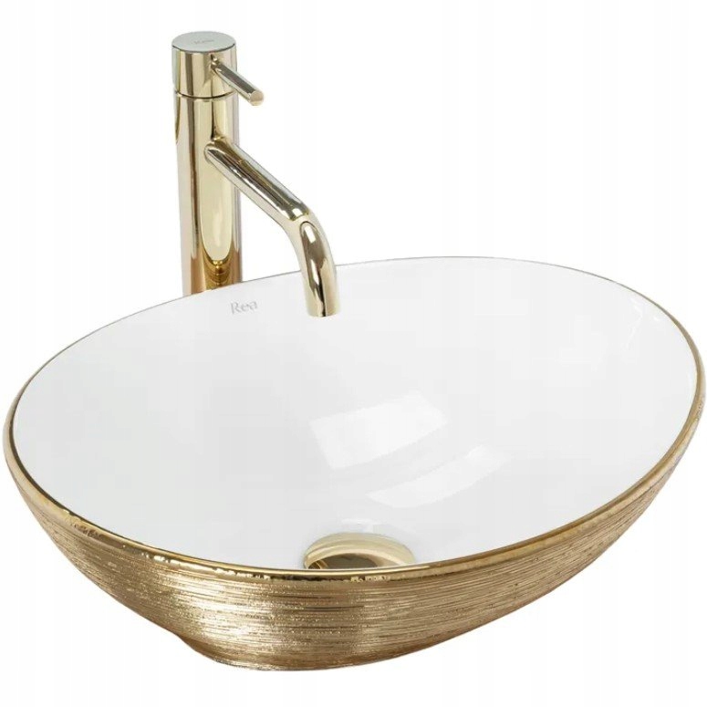 Oválna keramická umývadlová doska Rea Sofia White Gold Brush