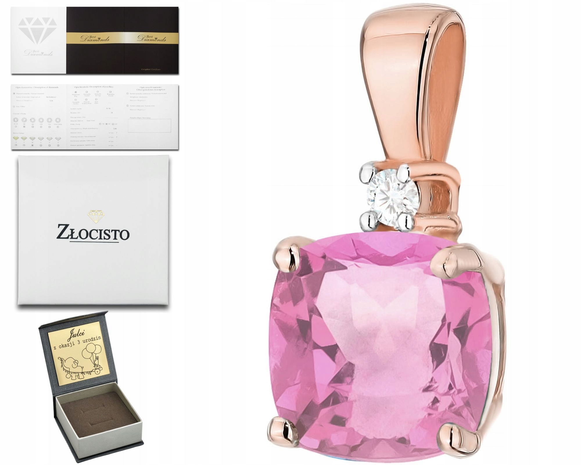 Růžové Zlato Briliantový Přívěsek A Růžový Topaz Přírodní Kámen Ryzost 585