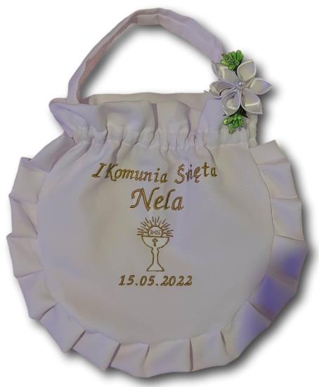 Torebka komunijna sakiewka biała imię data kansahi