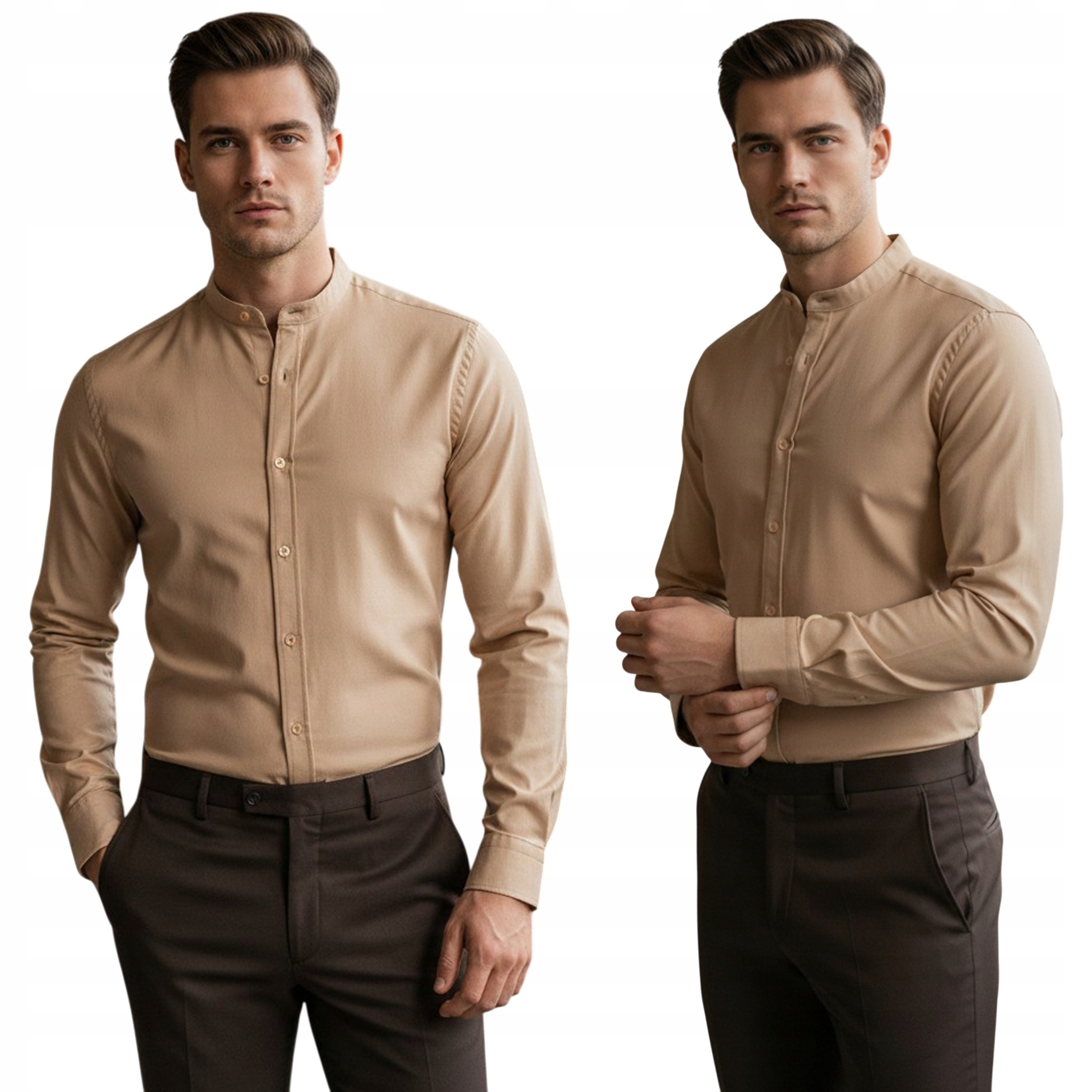 koszula męska ze stójką slim fit beżowa DX2601 XL