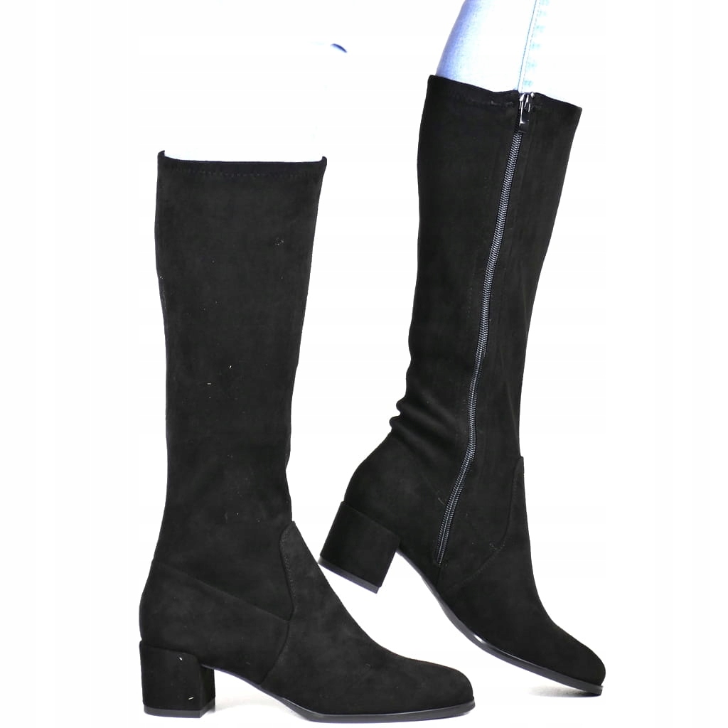 Černé Semišové Lajkra Kozačky Ke Kolenům Módní Nízký Podpatek Přiléhavé Pohodlné