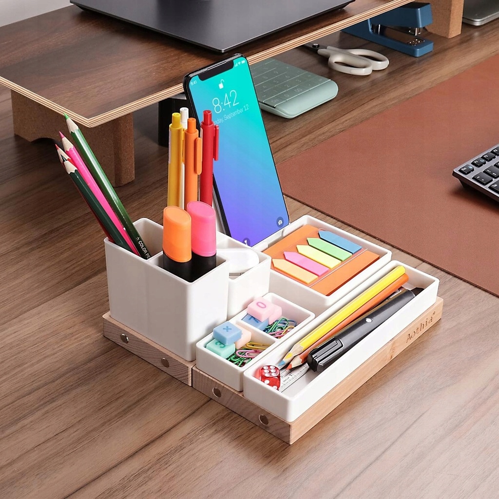 AOTHIA Organizer Biurkowy Drewniany Regulowany Czarny Stojak Na Telefon — miniatura 9