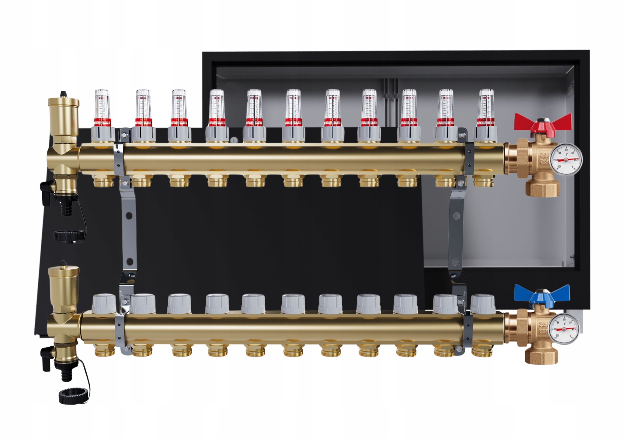 Rozdělovač Pro Podlahovku 10 Okruhů S Podomítkovou Skříní, Černý Ventily