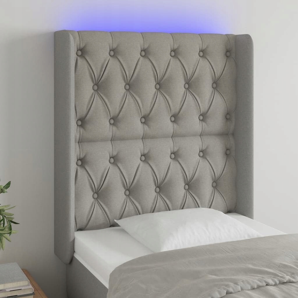 Opěrka hlavy k posteli s Led, světle šedá, 83x16x118/128 cm, látka