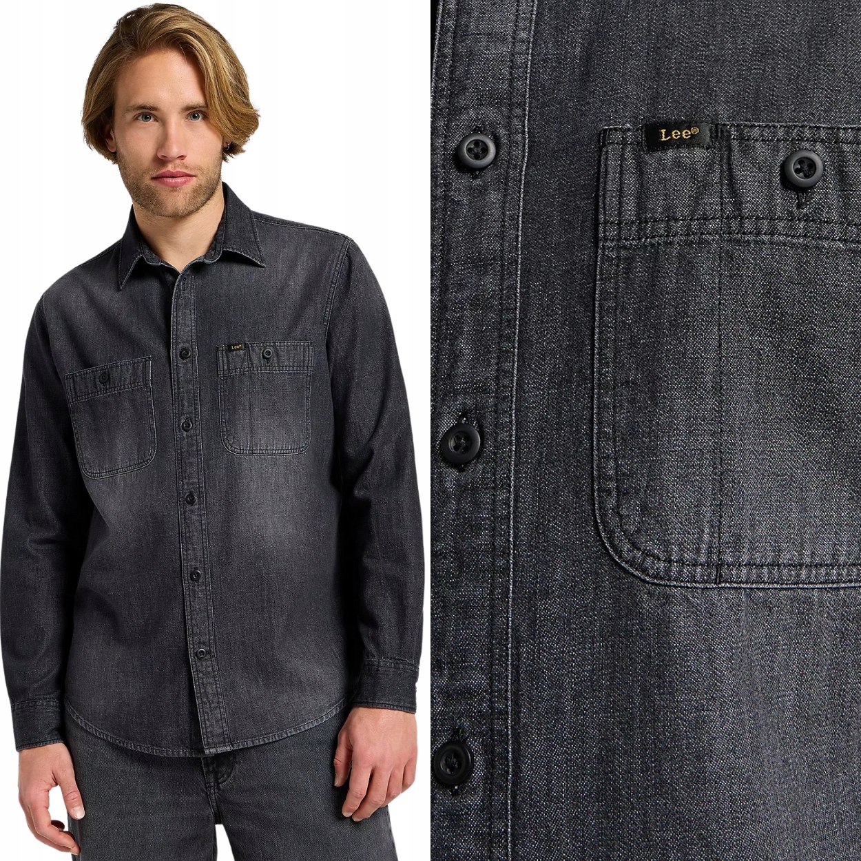 Lee Worker Shirt 2.0 Granite Wash volná šedá bavlněná džínová košile M