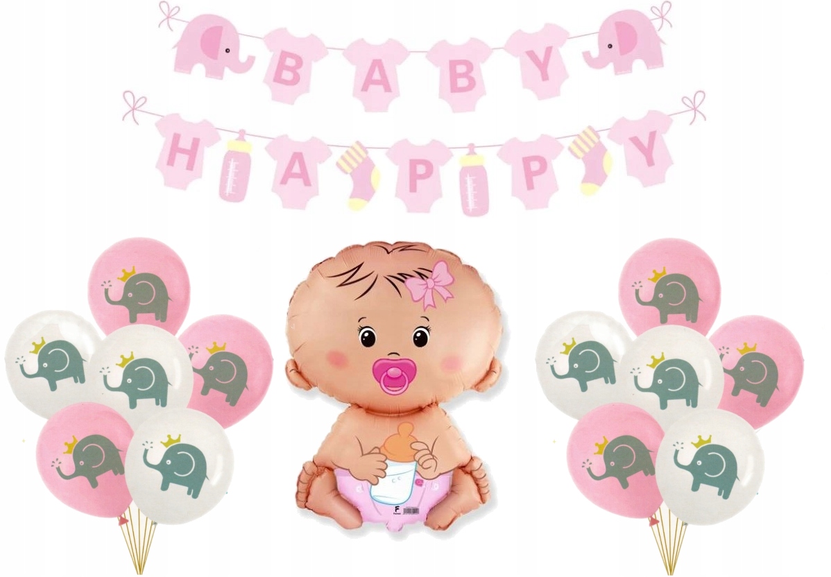 Zestaw baby shower roczek girl Happy baby urodziny chrzest dziewczynka róż