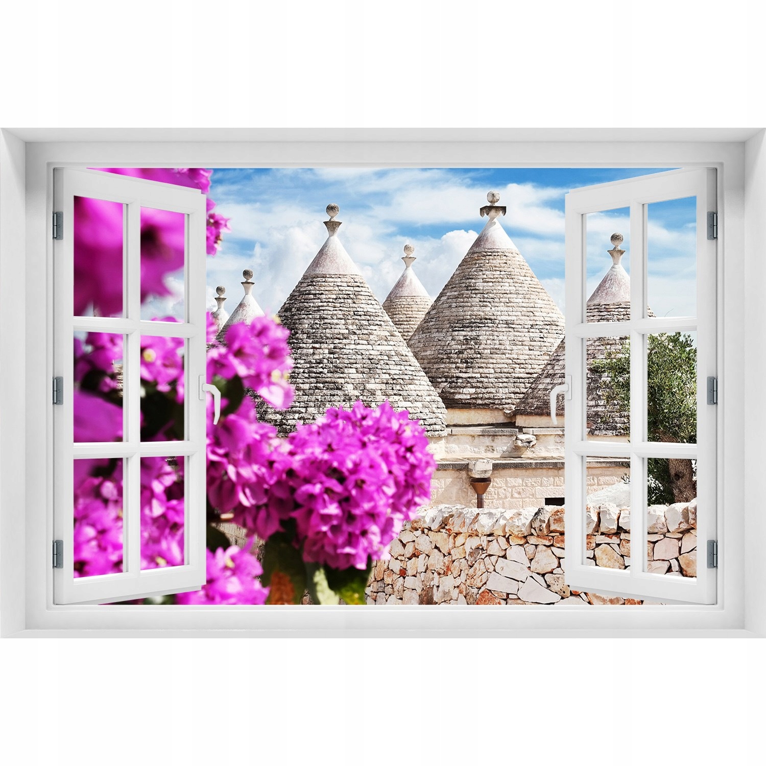 

Naklejka na ścianę 3D Okno widok Domy trulli 90x60