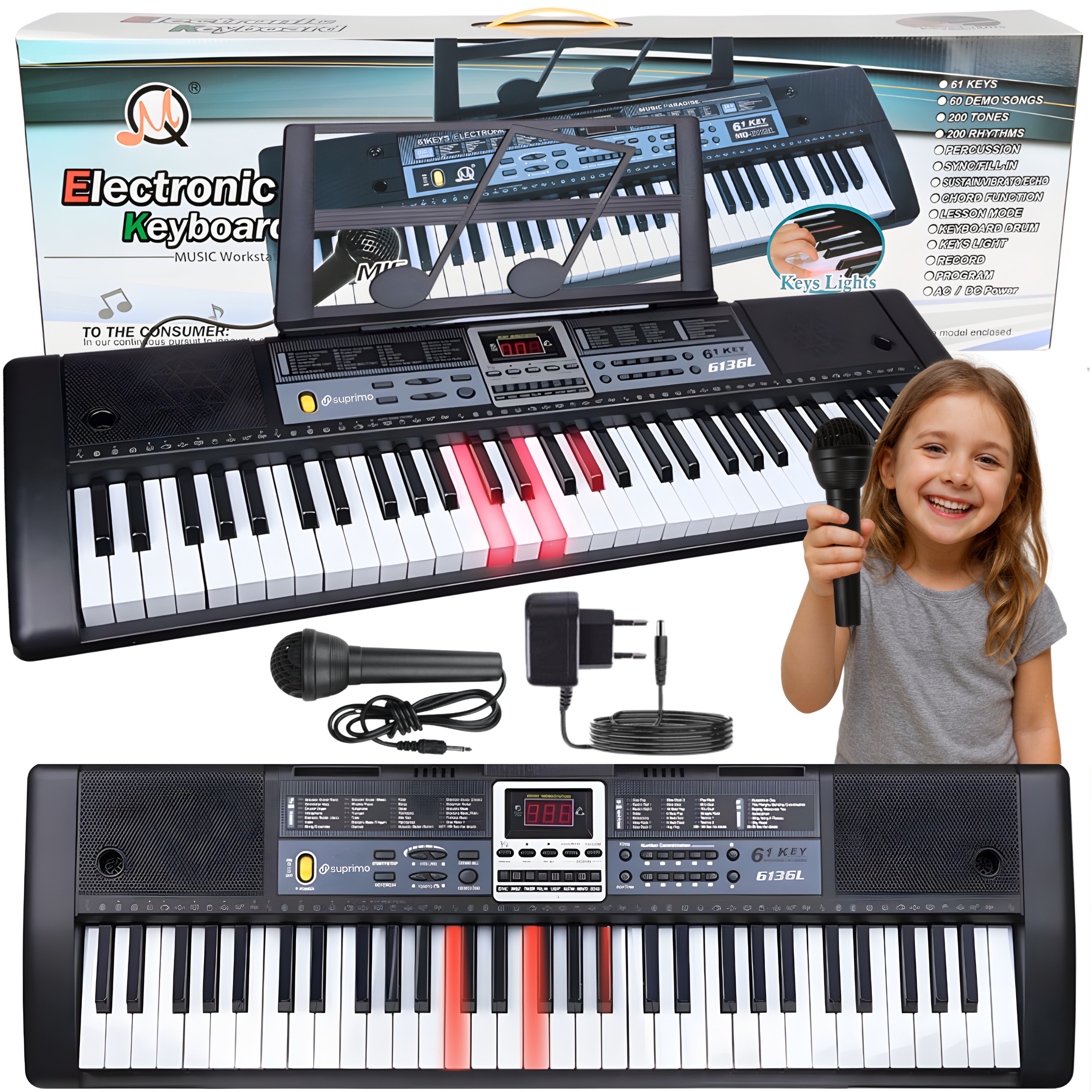 Velký Klávesový Klavír Varhany 61KL Podsvícené Klávesy Pro Učení Mikrofon