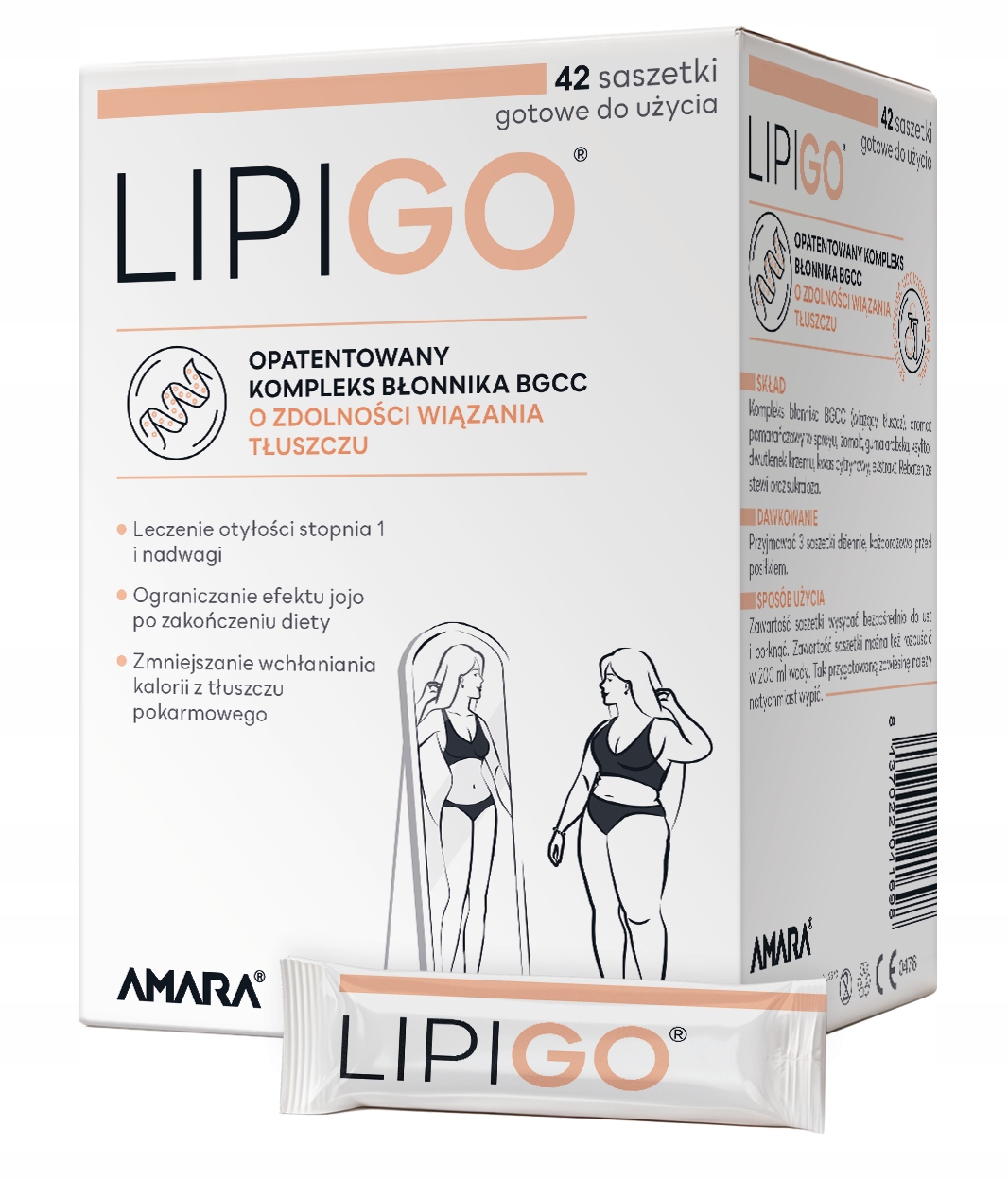 Lipigo 42 saszetki, błonnik bgcc zdolność wiązania tłuszcz