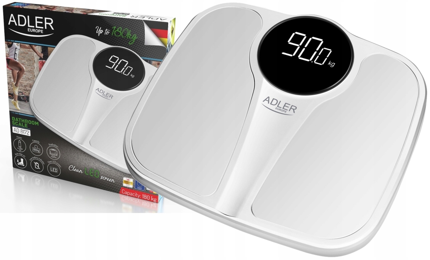Waga łazienkowa AD8172 biała 180kg, dokładna, Led, automatyczne tarowanie