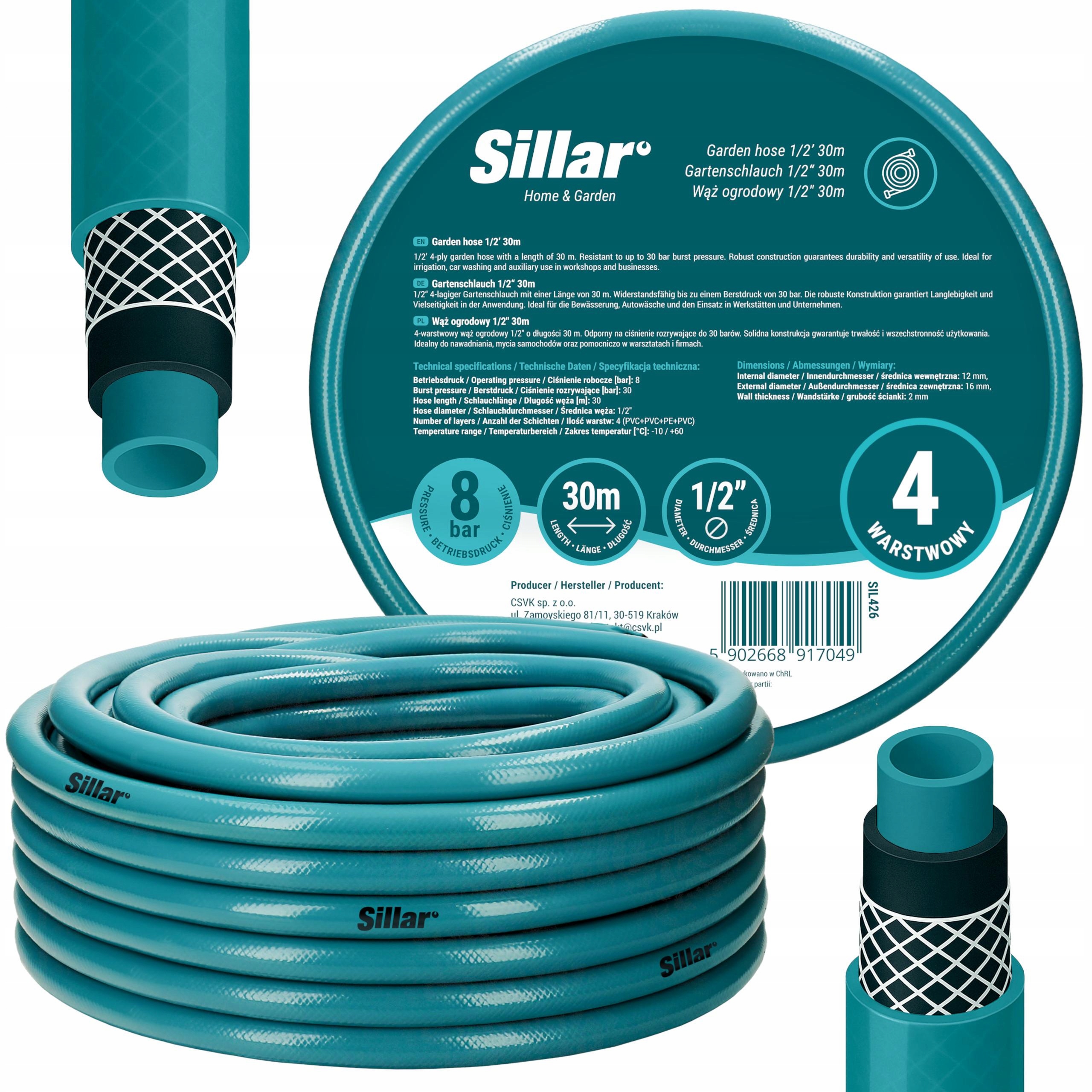 Wąż ogrodowy Sillar 1/2 30m gumowy zbrojony Wysokiej Jakości Uv 4-warstwowy