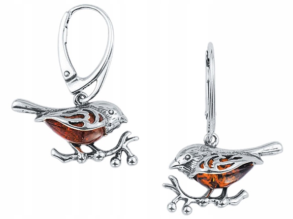 Stříbrné Náušnice Visací Vrabci s Jantarem Anglické Zapínání Oxidované