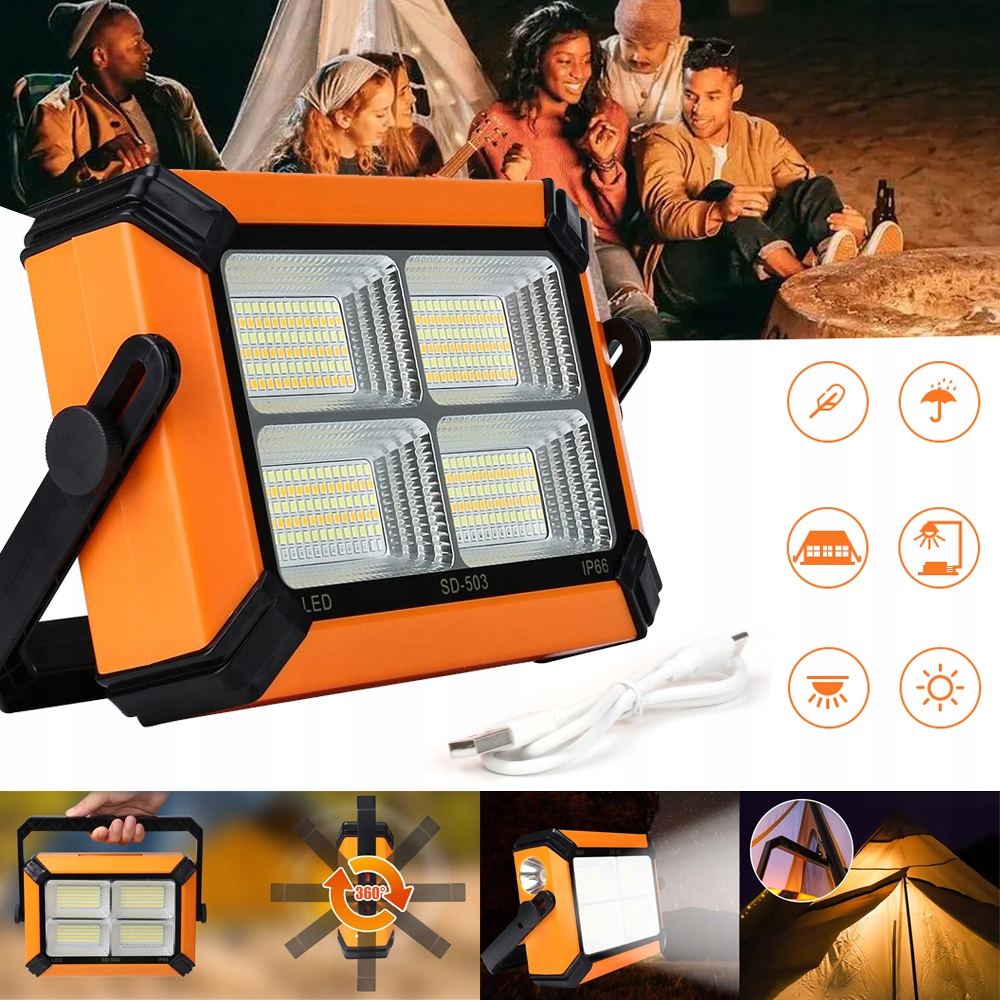 Halogen Solarny Przenośny Akumulatorowy 120W Mocny Pojemna Bateria