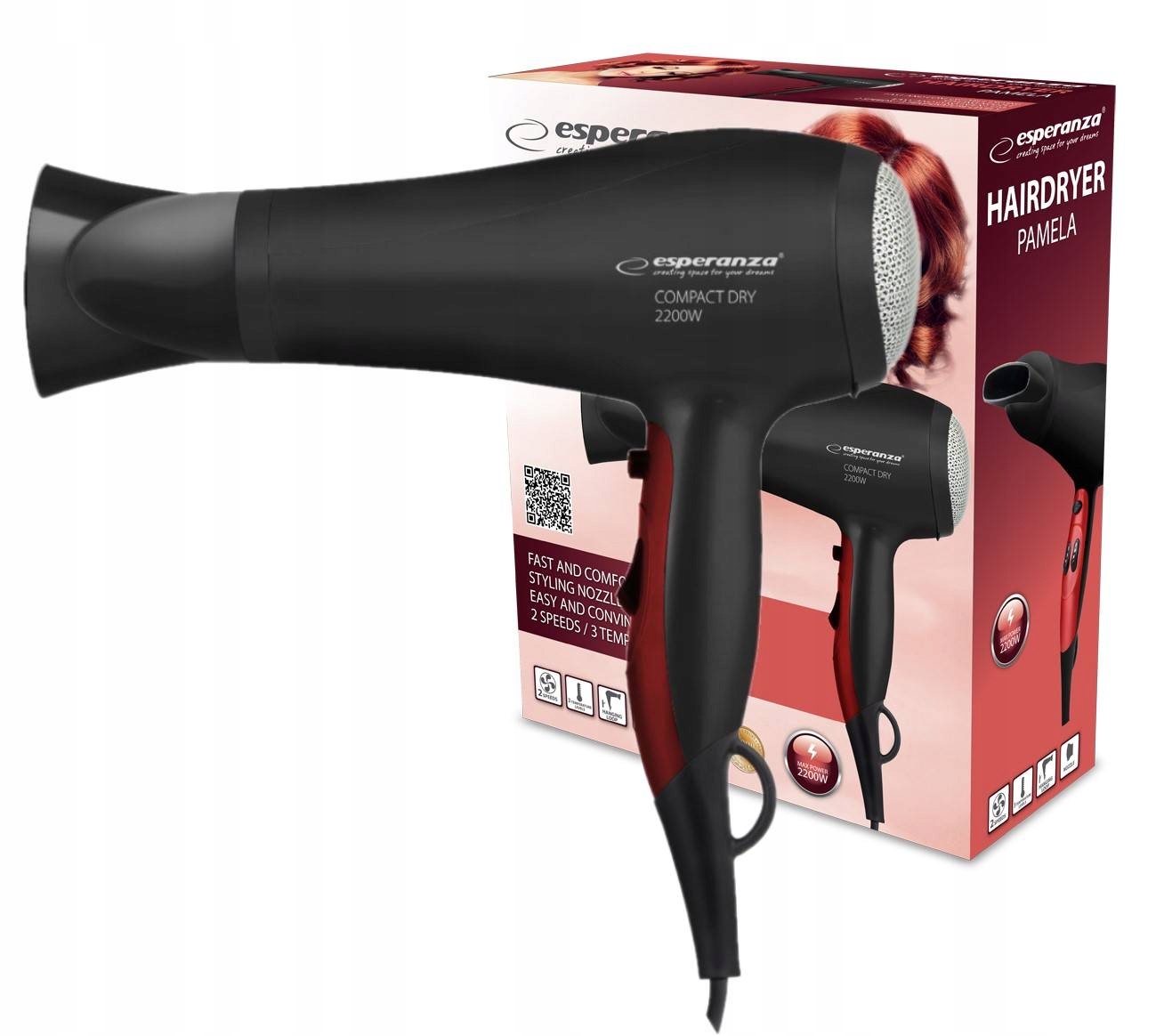ES123 Pamela Velký Vysoušeč Vlasů Výkonný 2200 W