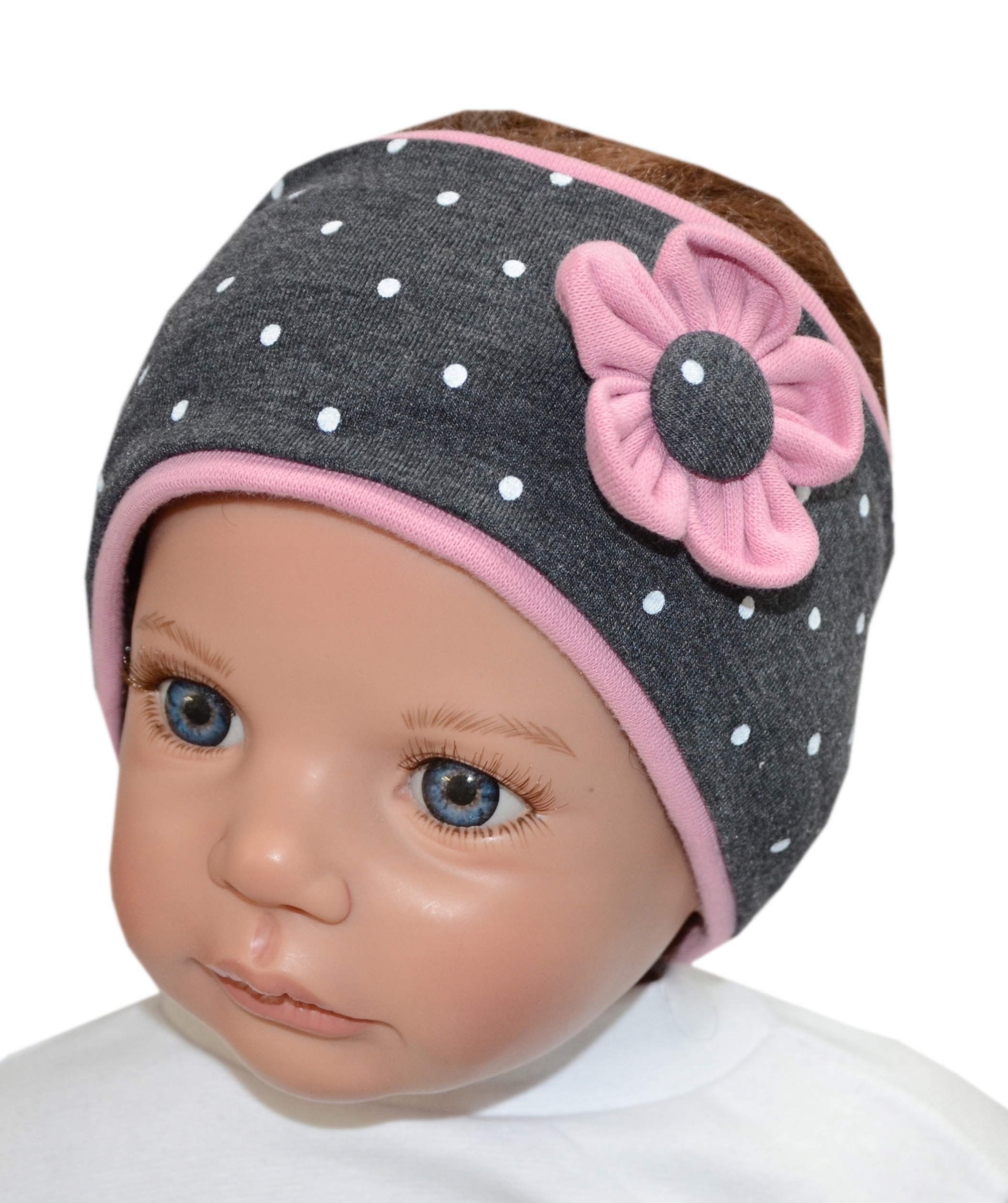 

Szeroka opaska kropki 43-48cm grafit/ b.róż